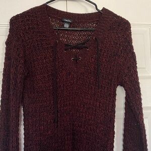 Forever 21 Burgundy V-Neck Sweater with Lace-Up